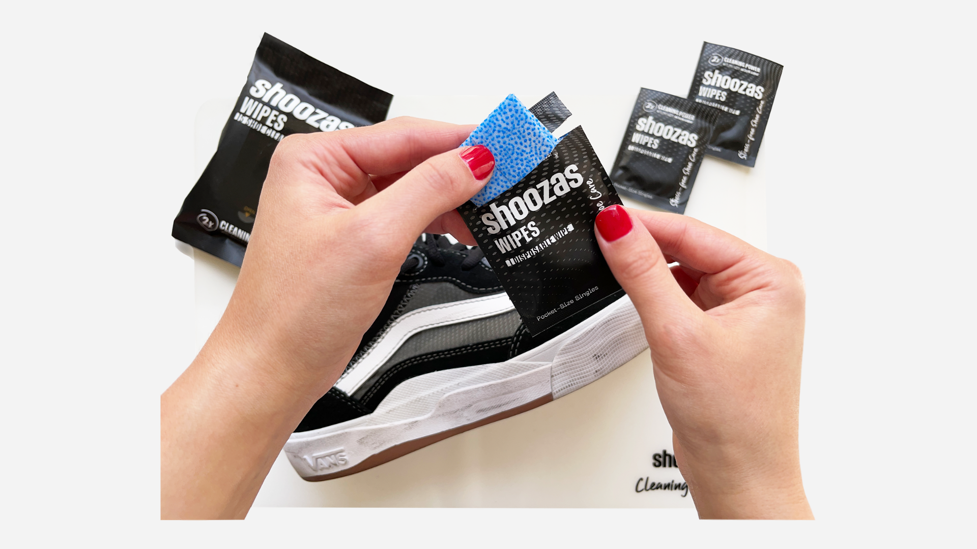 Load video: Tutorial on how to clean your shoes with shoe wipes.