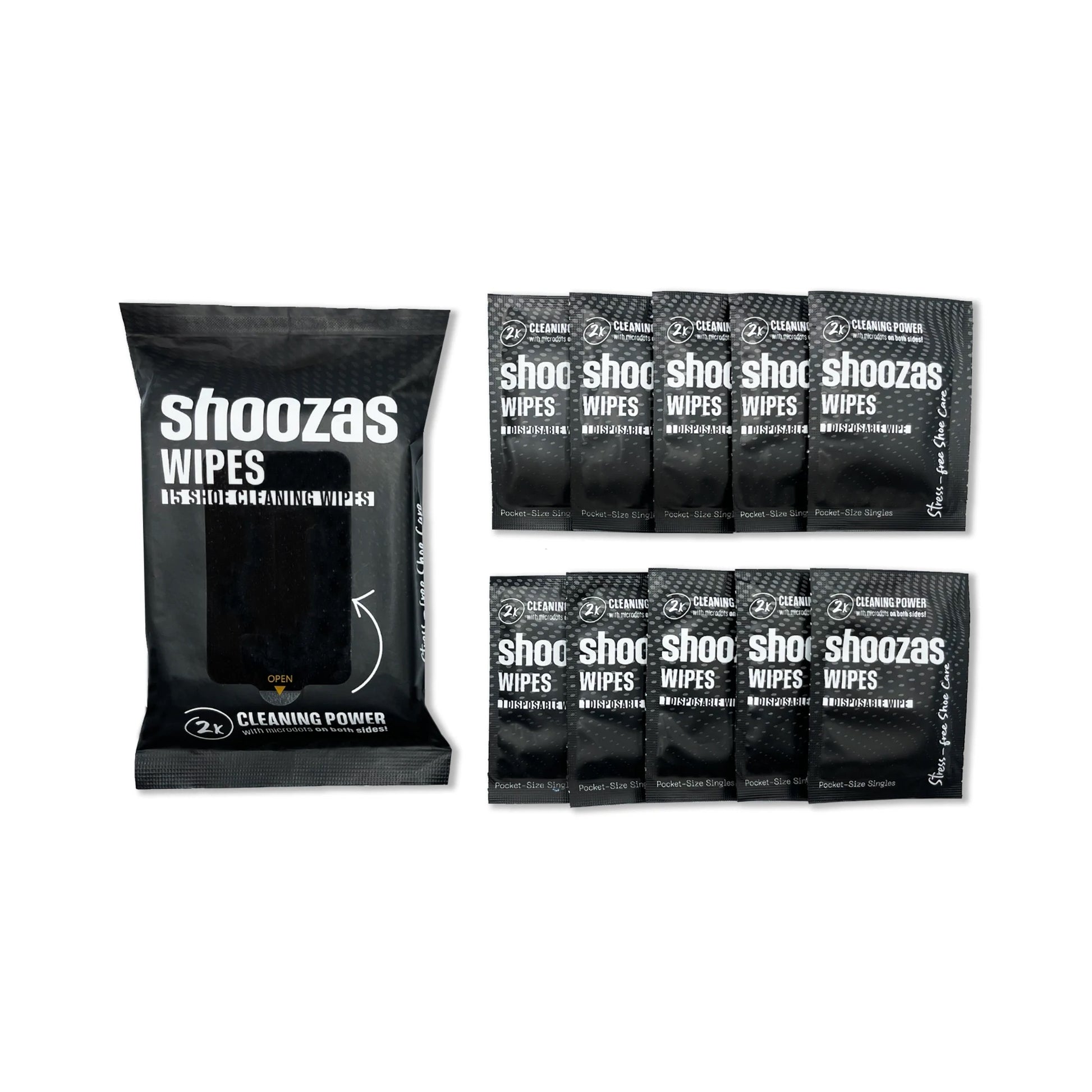 Two Shoe Wipes Formats - 15-wipes pack and pocket-size singles