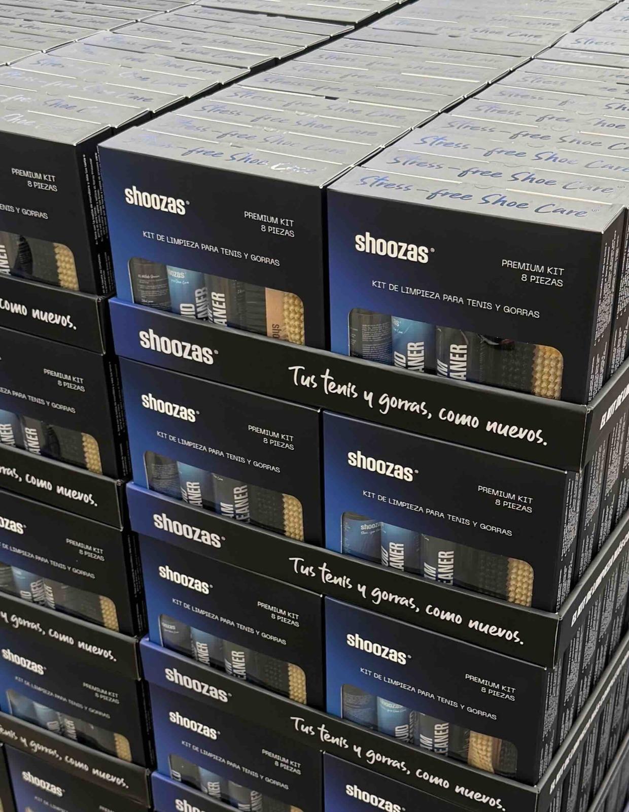 Stacked Shoozas Premium Kit boxes ready for wholesale shipment